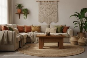 Boho Woonkamer Met Lichte Zetel, Kussens In Aardetinten En Jute Tapijt