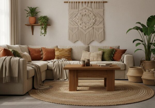 Boho Woonkamer Met Lichte Zetel, Kussens In Aardetinten En Jute Tapijt