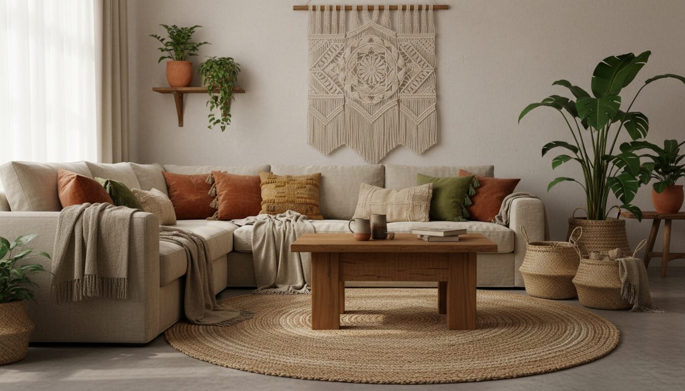 Boho Woonkamer Met Lichte Zetel, Kussens In Aardetinten En Jute Tapijt Boho Woonkamer Met Lichte Zetel, Kussens In Aardetinten En Jute Tapijt