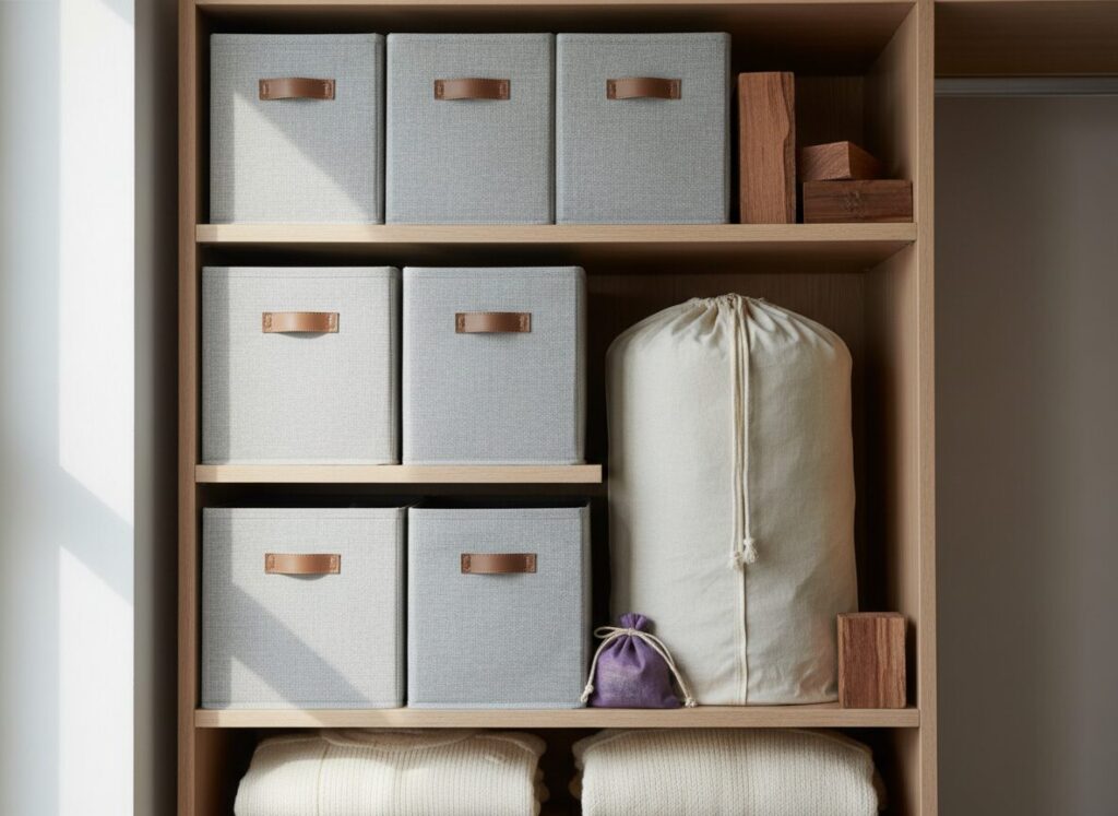 Bovenvak Van Een Kleerkast Met Ademende Opbergdozen Voor Zomerkleding Bovenvak Van Een Kleerkast Met Ademende Opbergdozen Voor Zomerkleding