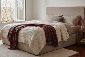 Boxspring Met Teruggeslagen Winterdekbed In Een Herfstige Slaapkamer