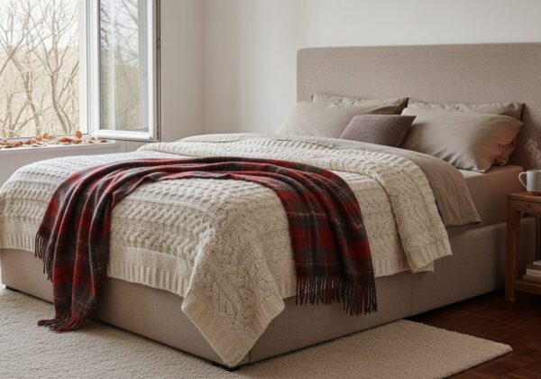 Boxspring Met Teruggeslagen Winterdekbed In Een Herfstige Slaapkamer