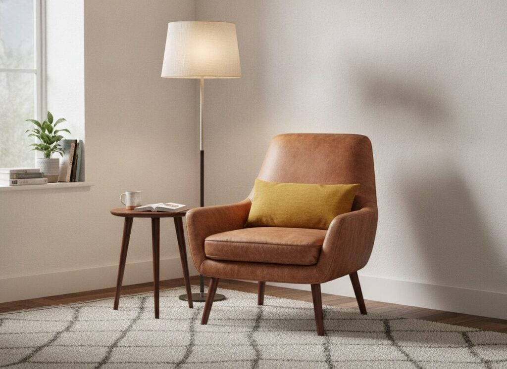 Cognac Lederen Fauteuil Met Okergeel Kussen In Een Leeshoek Cognac Lederen Fauteuil Met Okergeel Kussen In Een Leeshoek
