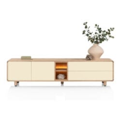Caserta, Lowboard 230 cm, 2 portes, 2 tiroirs, 2 compartiments ouverts, placage de chêne/laque