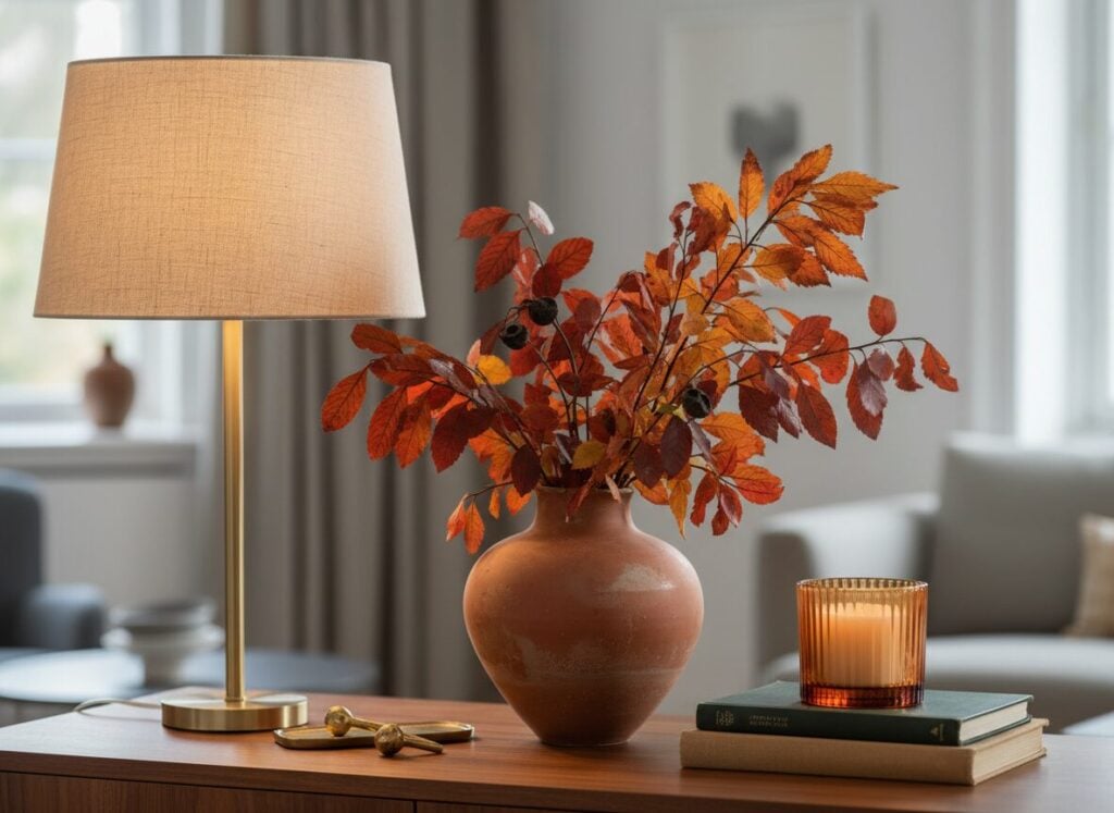 Decoratie Op Een Dressoir In Drie Hoogtes: Lamp, Vaas En Boeken