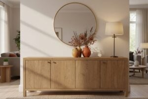 Herfstig Gestyled Dressoir Met Tafellamp, Ronde Spiegel En Groepje Van Drie Vazen