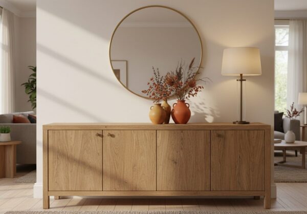 Herfstig Gestyled Dressoir Met Tafellamp, Ronde Spiegel En Groepje Van Drie Vazen