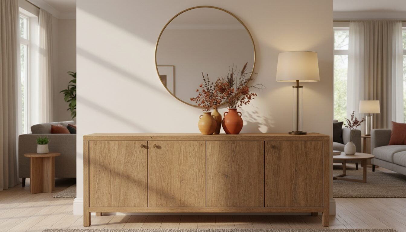 Herfstig Gestyled Dressoir Met Tafellamp, Ronde Spiegel En Groepje Van Drie Vazen