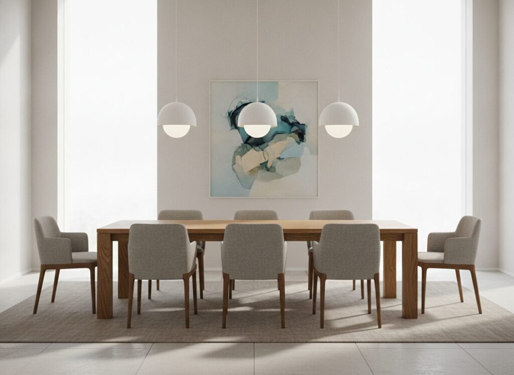 Drie Hanglampen Op Een Rij Boven Een Lange Eettafel Drie Hanglampen Op Een Rij Boven Een Lange Eettafel