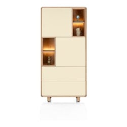 Caserta, Armoire de rangement, 95 cm de large, 2 portes, 2 compartiments ouverts, placage de chêne/laque