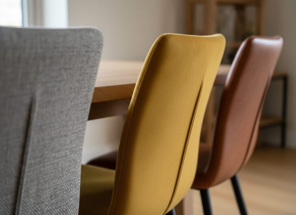 Eetkamerstoelen In Grijze Stof, Okergeel Velours En Cognacleder