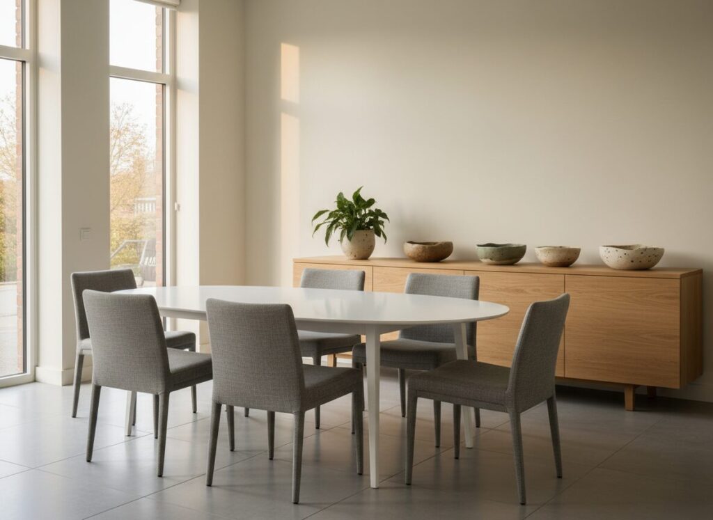 Eiken Dressoir Achter Een Witte Eettafel Met Grijze Stoelen Eiken Dressoir Achter Een Witte Eettafel Met Grijze Stoelen