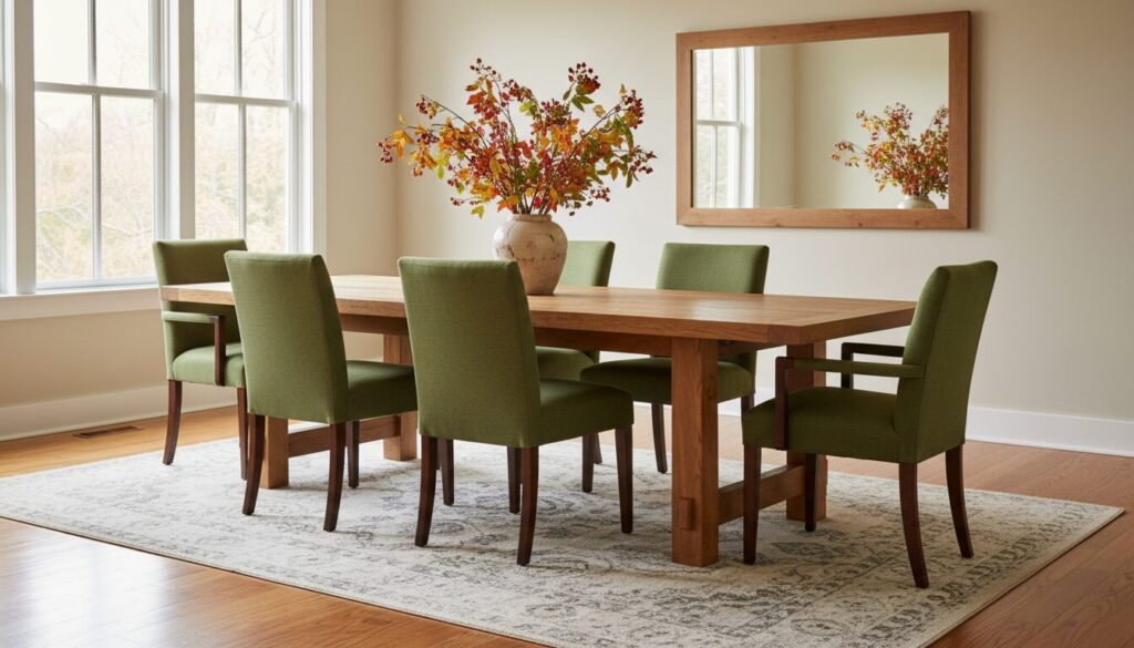Eiken eettafel met olijfgroene eetkamerstoelen