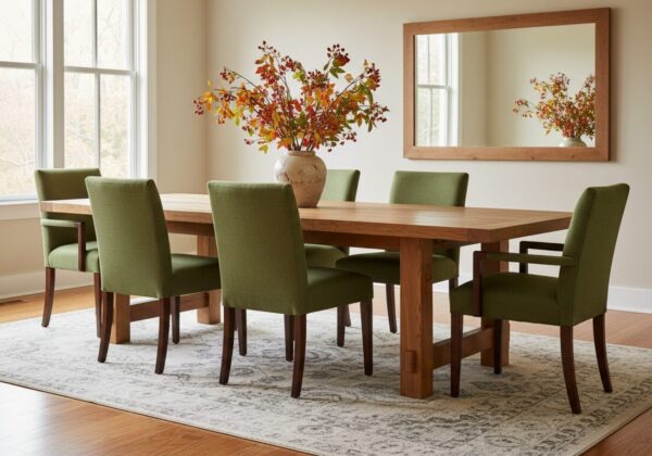 Eiken Eettafel Met Olijfgroene Eetkamerstoelen
