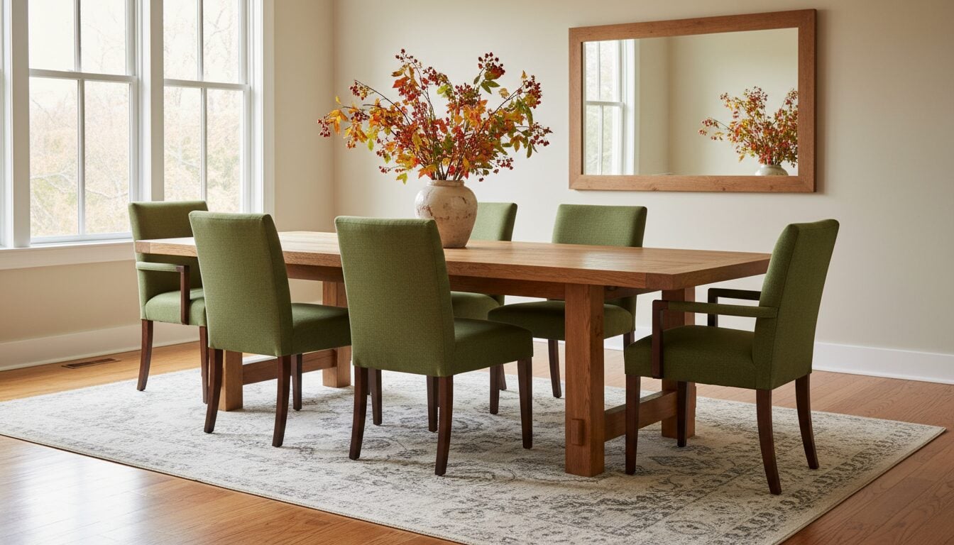 Eiken Eettafel Met Olijfgroene Eetkamerstoelen
