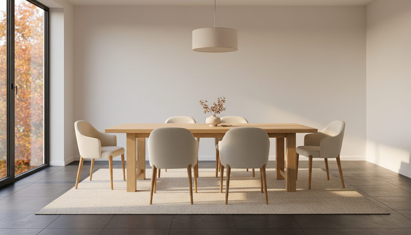 Lichte Eiken Eettafel Op Een Donkere Tegelvloer Lichte Eiken Eettafel Op Een Donkere Tegelvloer