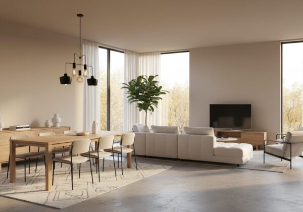 Woonkamer Met Eiken Eettafel, Dressoir En Tv-Meubel In Dezelfde Tint