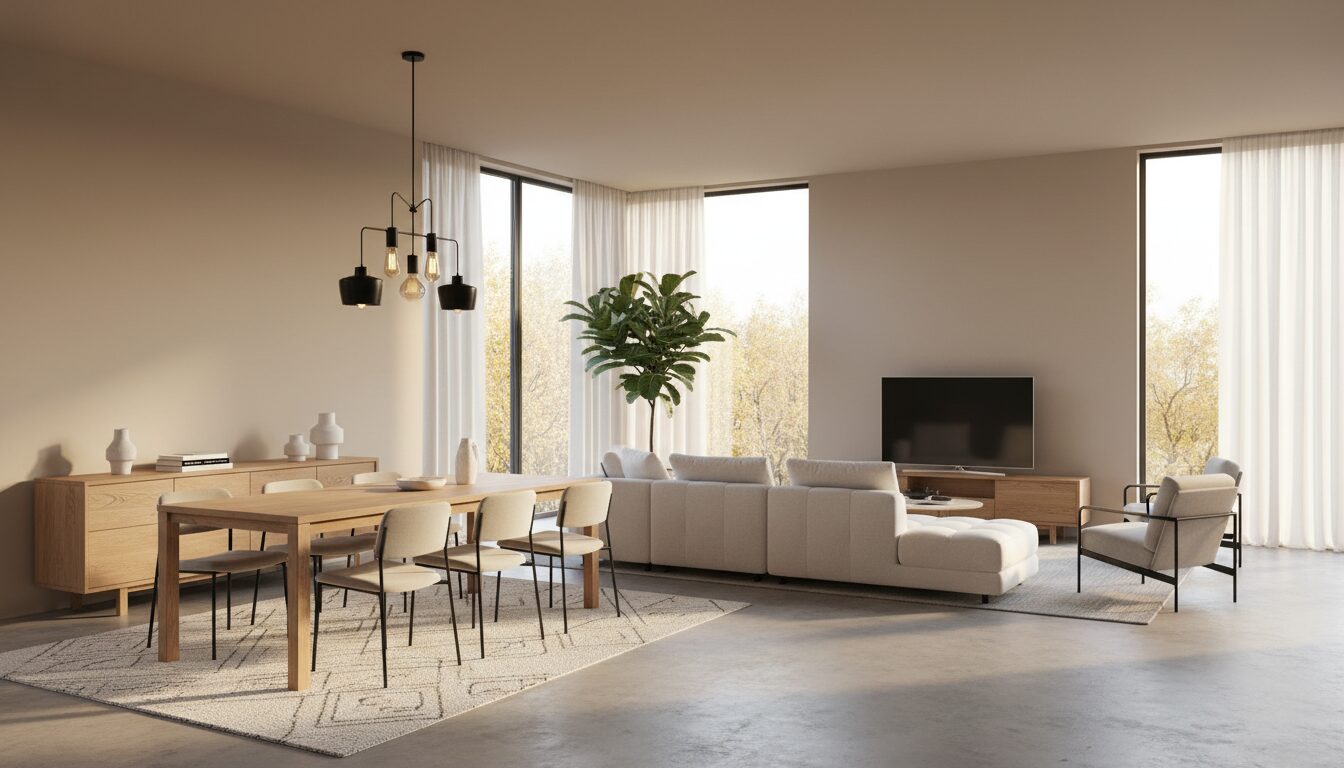 Woonkamer Met Eiken Eettafel, Dressoir En Tv-Meubel In Dezelfde Tint Woonkamer Met Eiken Eettafel, Dressoir En Tv-Meubel In Dezelfde Tint