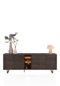 Mogan, Buffet 230 cm 3 portes, 3 tiroirs, 3 compartiments ouverts avec LED