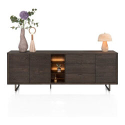 Mogan, Buffet 230 cm 3 portes, 3 tiroirs, 3 compartiments ouverts avec LED