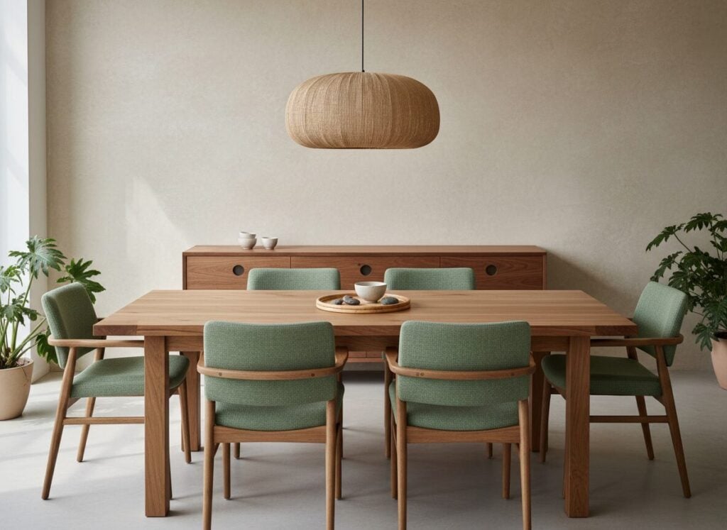 Geoliede Eiken Eettafel Met Saliegroene Stoelen En Een Walnoten Dressoir Geoliede Eiken Eettafel Met Saliegroene Stoelen En Een Walnoten Dressoir