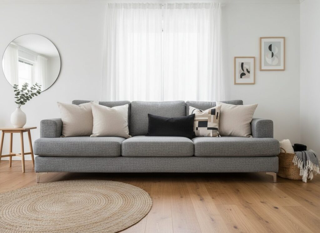 Gemêleerde Grijze Zetel Met Beige En Zwarte Kussens Gemêleerde Grijze Zetel Met Beige En Zwarte Kussens