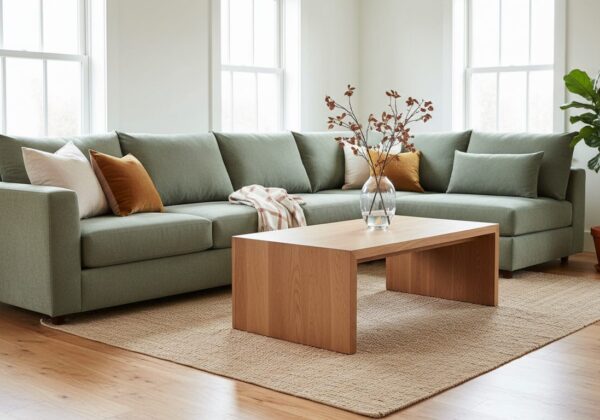 Groene Zetel Op Een Eiken Vloer In Een Lichte Woonkamer