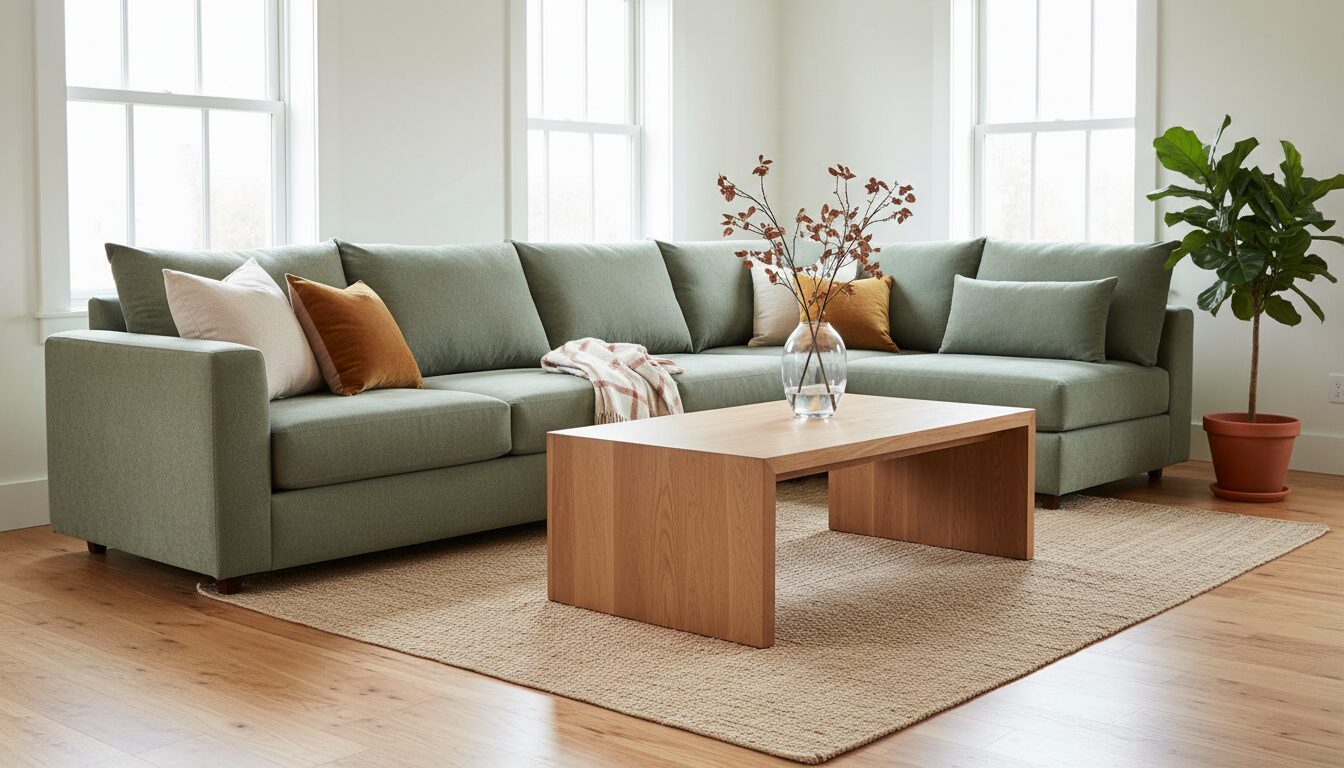Groene Zetel Op Een Eiken Vloer In Een Lichte Woonkamer Groene Zetel Op Een Eiken Vloer In Een Lichte Woonkamer