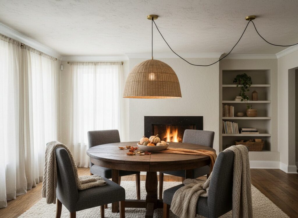 Hanglamp Boven Een Ronde Eettafel, Snoer Via Een Plafondhaak Verlegd Hanglamp Boven Een Ronde Eettafel, Snoer Via Een Plafondhaak Verlegd