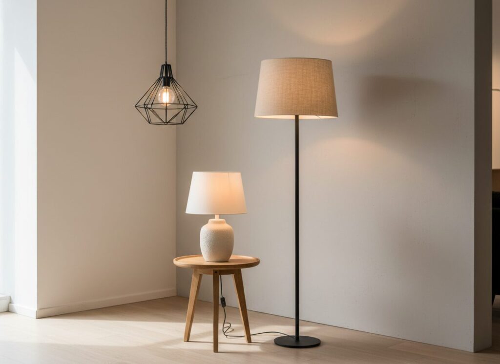 Hanglamp, Vloerlamp En Tafellamp Naast Elkaar