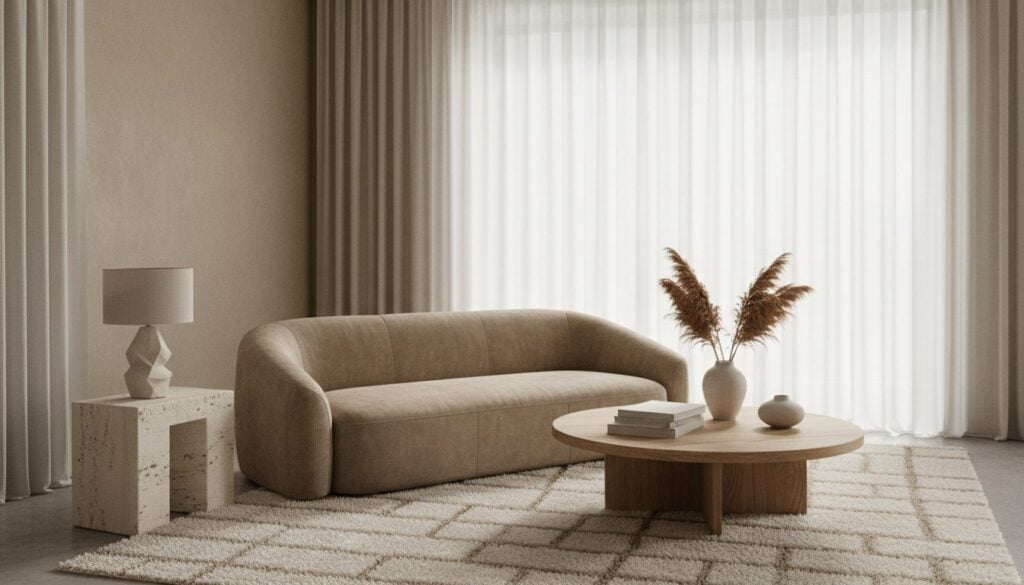 Hedendaagse woonkamer met gebogen zetel in bouclé en ronde eiken salontafel