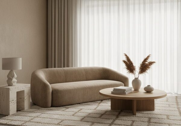 Hedendaagse Woonkamer Met Gebogen Zetel In Boucl&eacute; En Ronde Eiken Salontafel