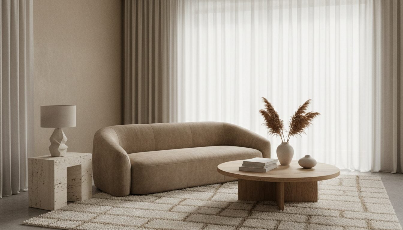 Hedendaagse Woonkamer Met Gebogen Zetel In Bouclé En Ronde Eiken Salontafel Hedendaagse Woonkamer Met Gebogen Zetel In Bouclé En Ronde Eiken Salontafel