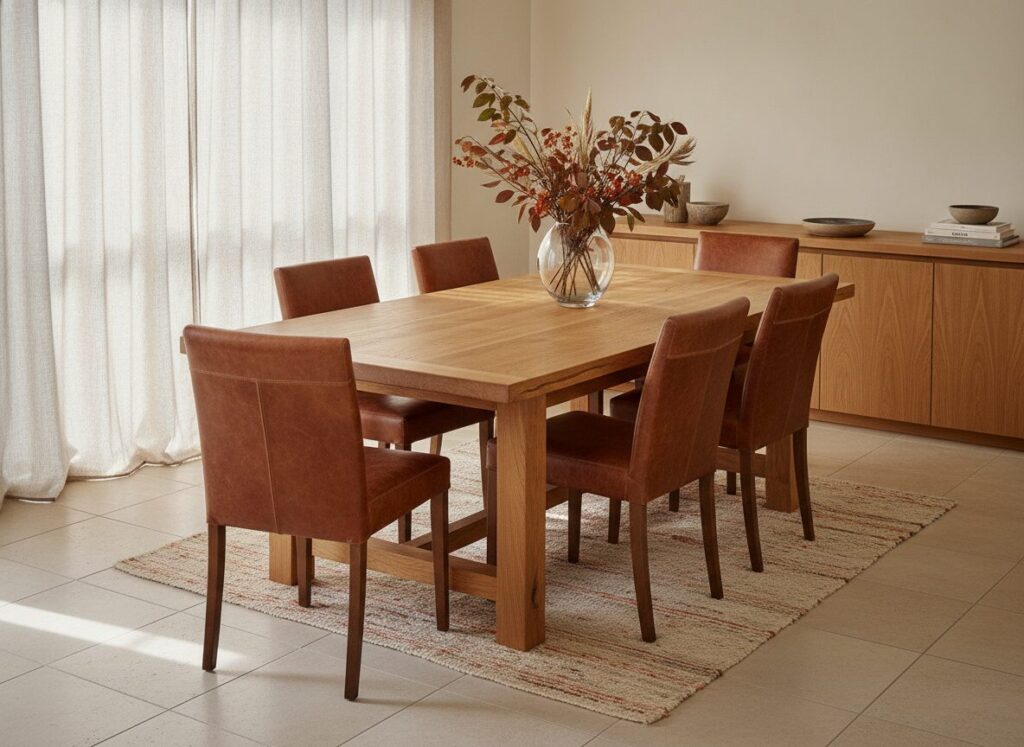 Houten Eettafel Brengt Warmte Op Een Lichte Tegelvloer Houten Eettafel Brengt Warmte Op Een Lichte Tegelvloer