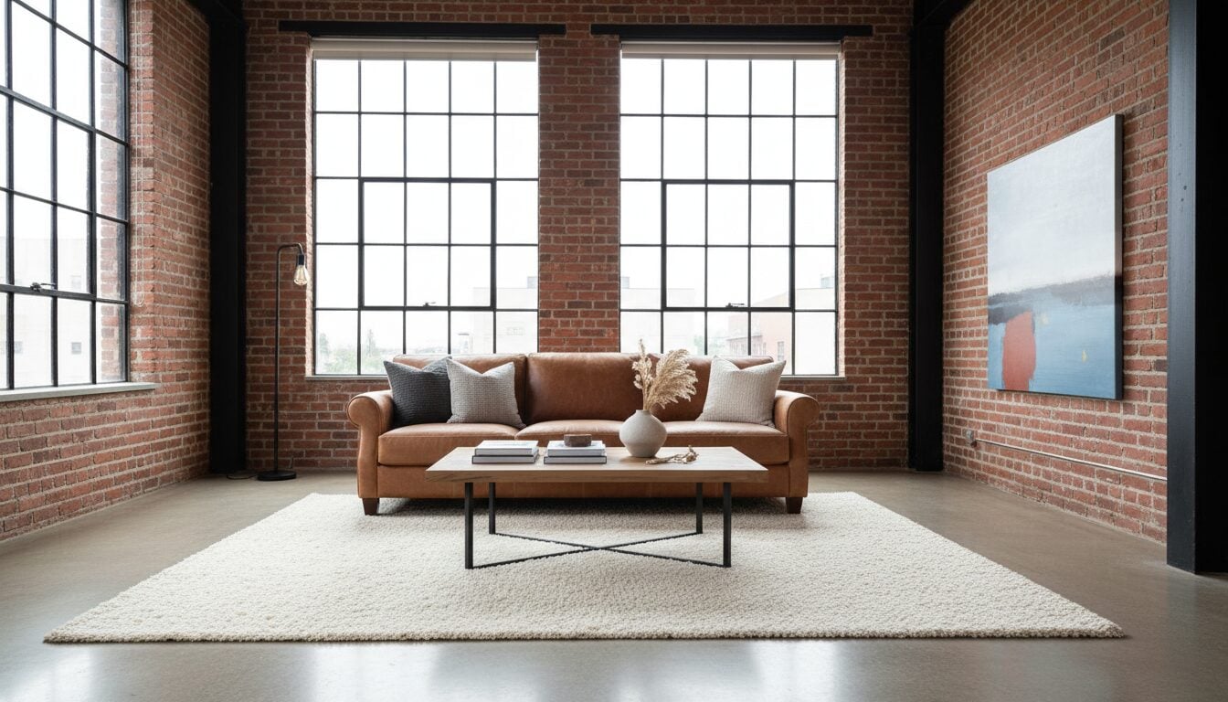 Industriële Woonkamer Met Bakstenen Muur En Cognac Lederen Zetel Industriële Woonkamer Met Bakstenen Muur En Cognac Lederen Zetel