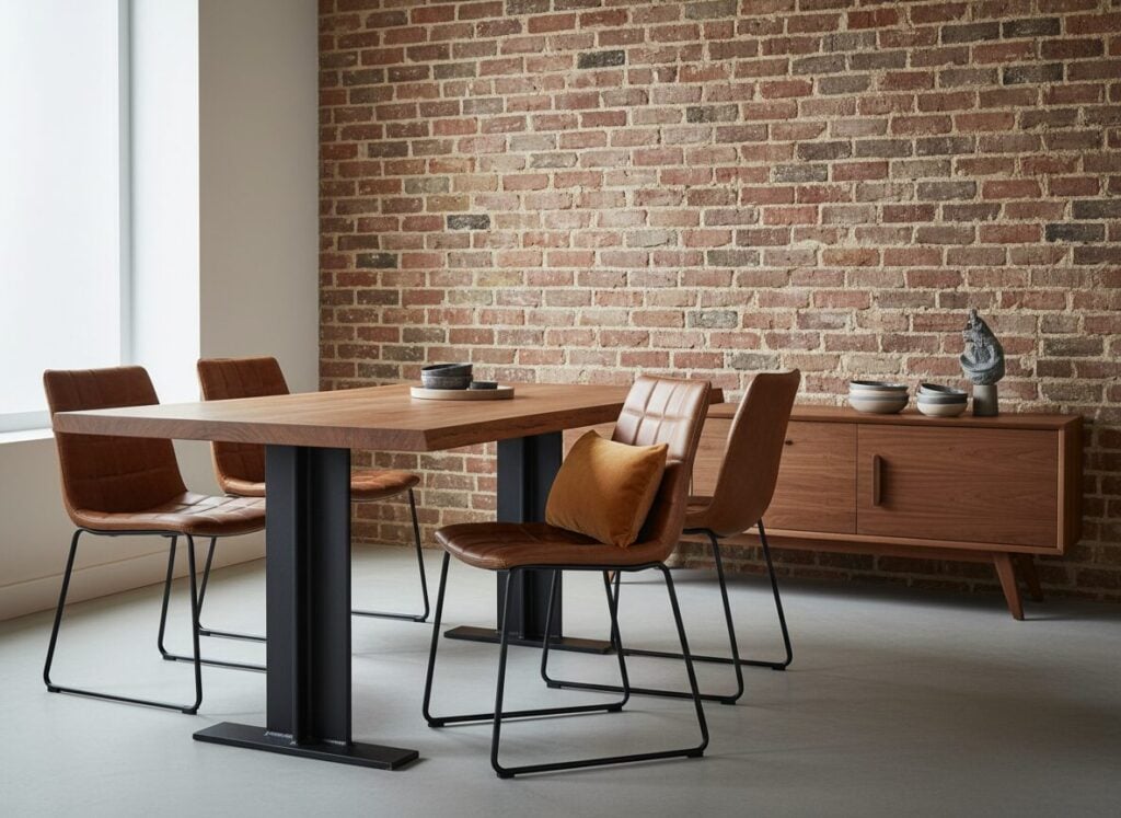 Industriële Eethoek Met Cognacleder En Een Mid-Century Dressoir