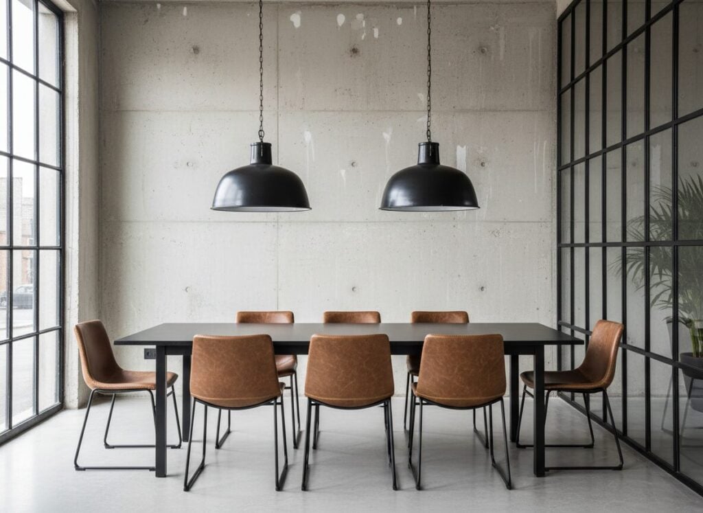 Industriële Eethoek Met Zwarte Tafel, Bruine Stoelen En Metalen Hanglampen Industriële Eethoek Met Zwarte Tafel, Bruine Stoelen En Metalen Hanglampen