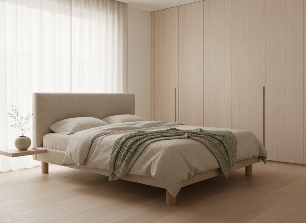 Boxspring Met Sober Beige Hoofdbord In Een Japandi Slaapkamer Boxspring Met Sober Beige Hoofdbord In Een Japandi Slaapkamer