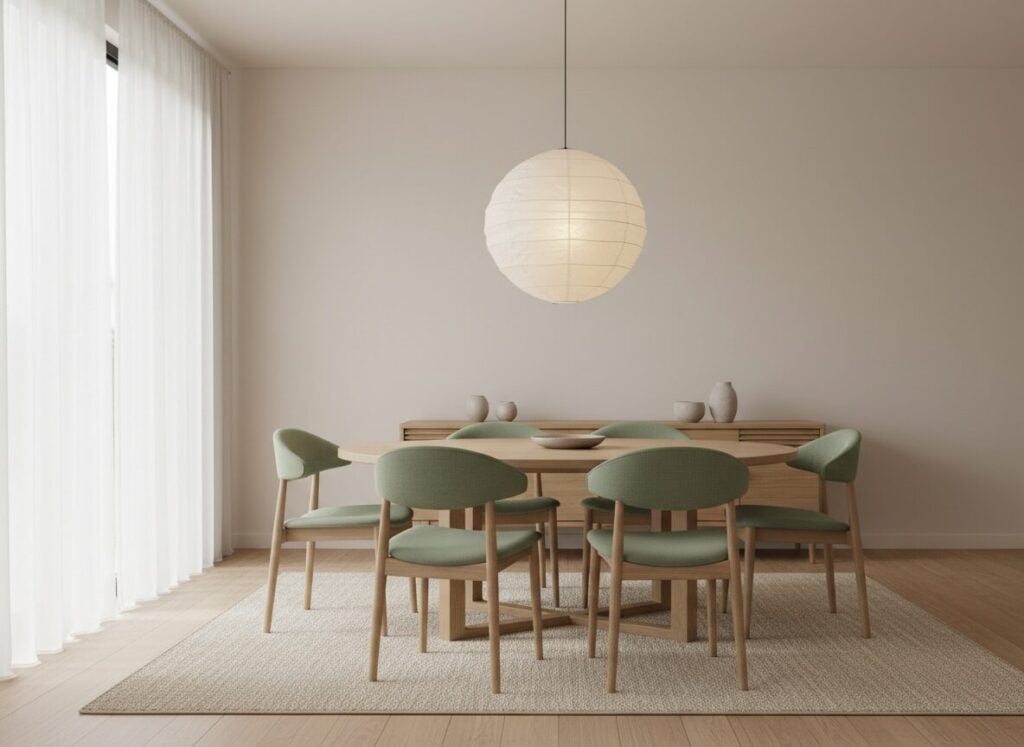 Japandi Eethoek Met Ronde Eiken Tafel En Papieren Hanglamp Japandi Eethoek Met Ronde Eiken Tafel En Papieren Hanglamp