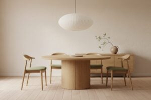 Japandi Eetkamer Met Ronde Eiken Tafel En Papieren Hanglamp