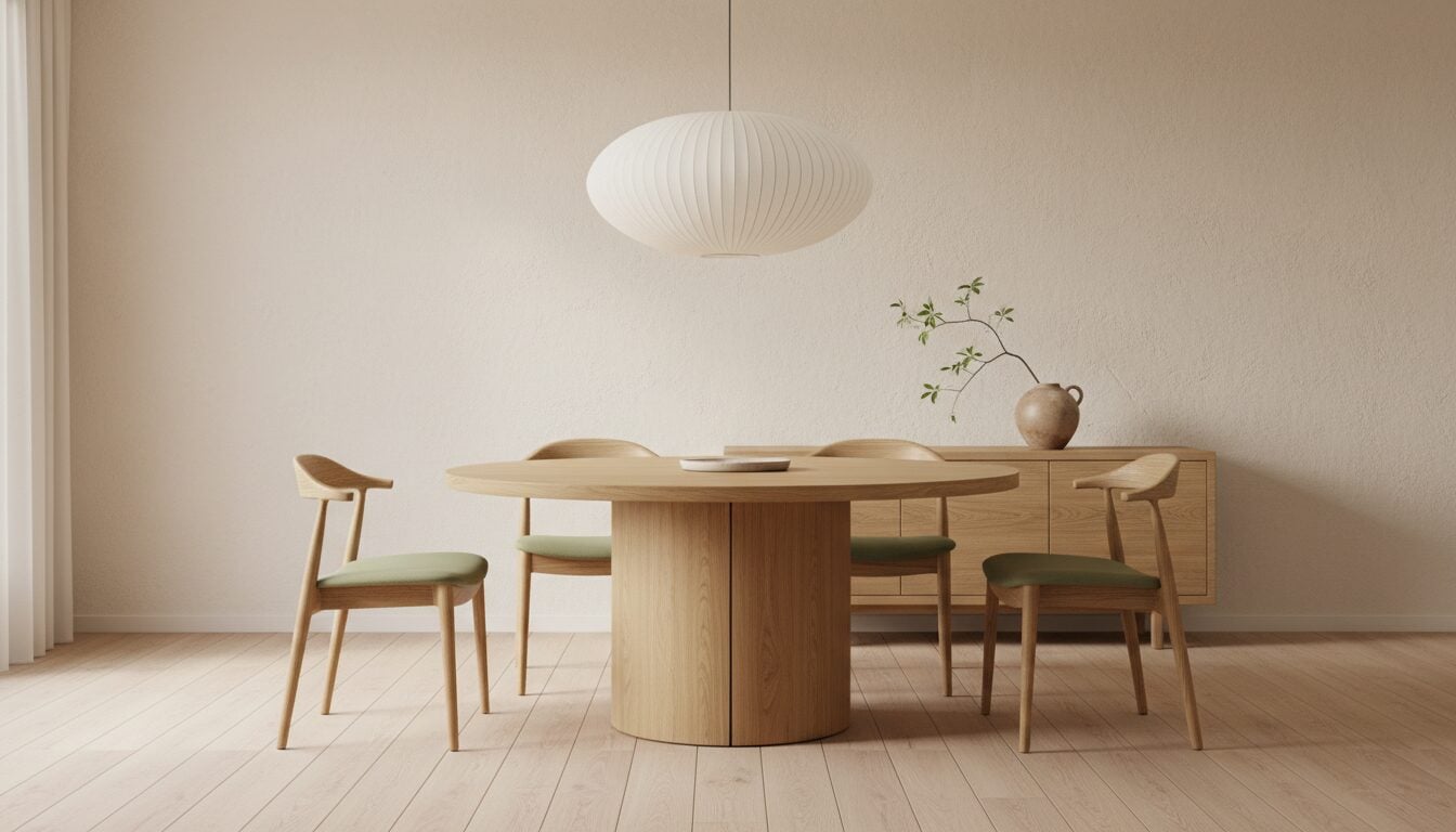 Japandi Eetkamer Met Ronde Eiken Tafel En Papieren Hanglamp Japandi Eetkamer Met Ronde Eiken Tafel En Papieren Hanglamp