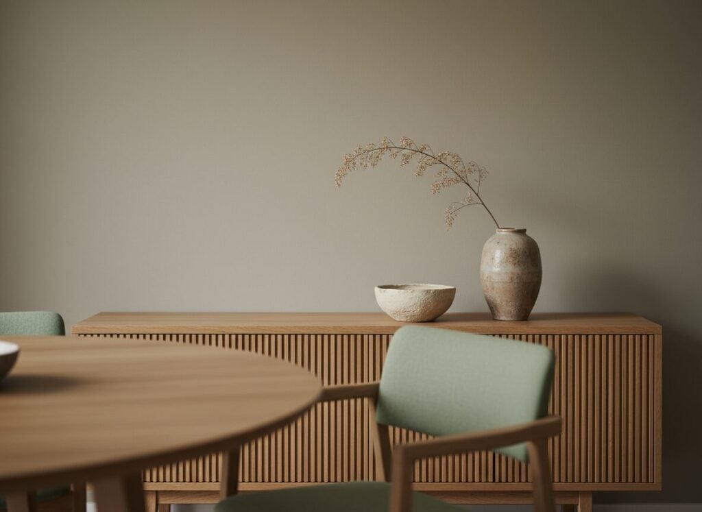 Laag Eiken Dressoir Met Lamellen In Een Japandi Eetkamer Laag Eiken Dressoir Met Lamellen In Een Japandi Eetkamer