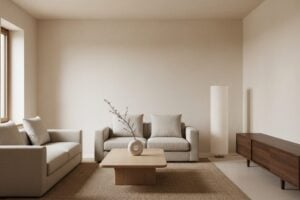Japandi Woonkamer Met Lage Beige Zetel En Eiken Meubels