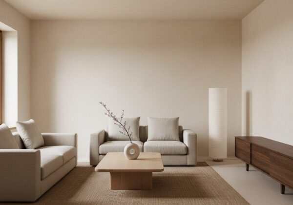 Japandi Woonkamer Met Lage Beige Zetel En Eiken Meubels