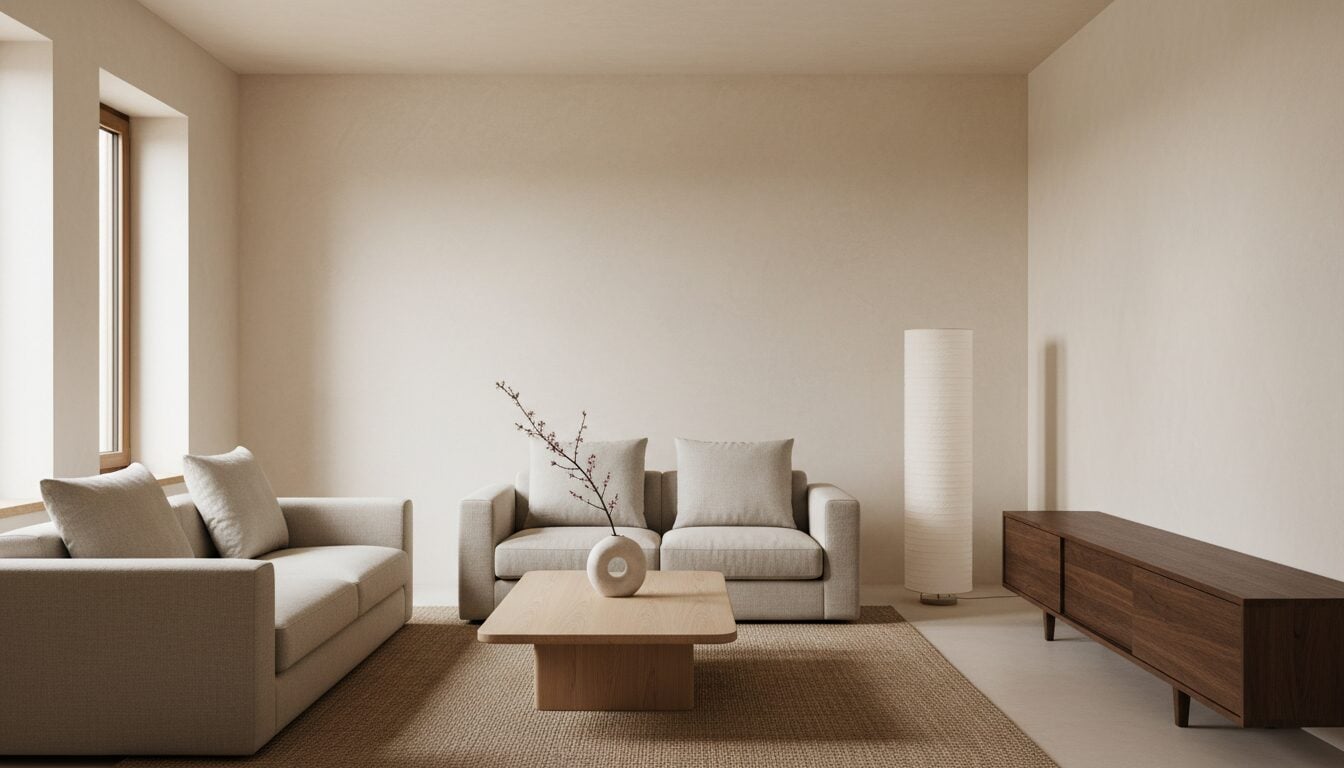 Japandi Woonkamer Met Lage Beige Zetel En Eiken Meubels Japandi Woonkamer Met Lage Beige Zetel En Eiken Meubels