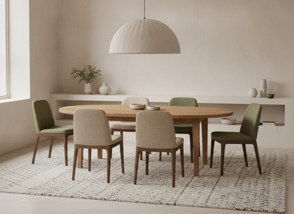 Ovale Eiken Eettafel Met Beige En Olijfgroene Stoelen Ovale Eiken Eettafel Met Beige En Olijfgroene Stoelen