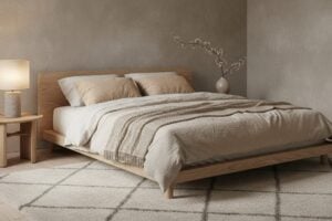 Japandi Slaapkamer Met Laag Eiken Bed En Linnen Beddengoed