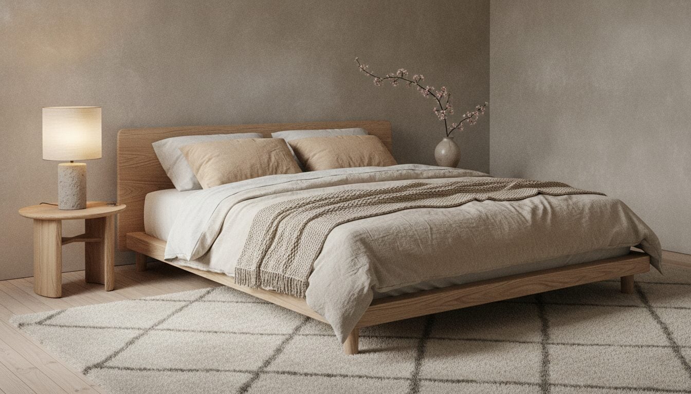 Japandi Slaapkamer Met Laag Eiken Bed En Linnen Beddengoed Japandi Slaapkamer Met Laag Eiken Bed En Linnen Beddengoed