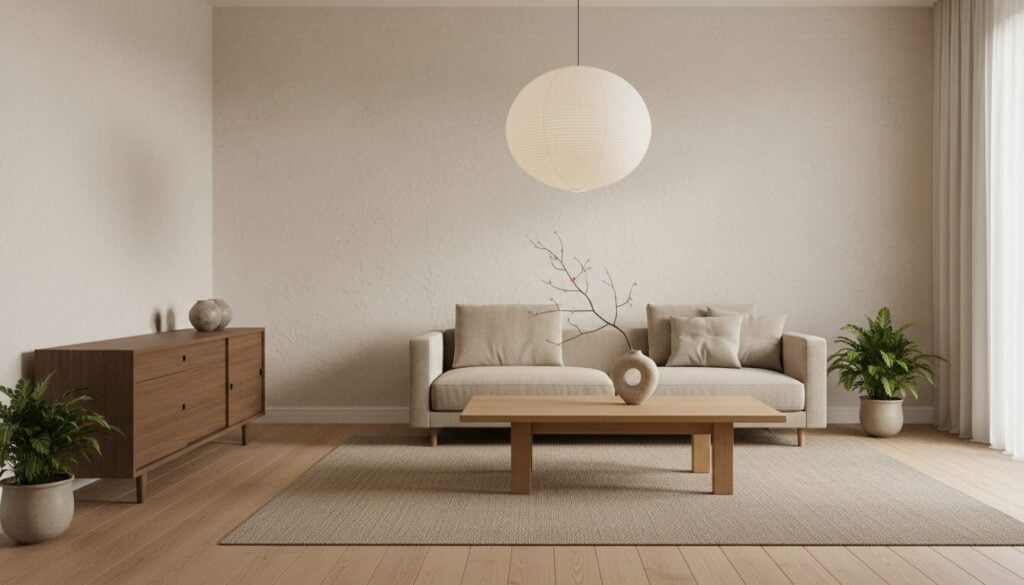 Japandi woonkamer met lage beige zetel, eiken salontafel en gerookt eiken dressoir