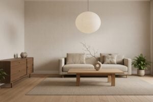 Japandi Woonkamer Met Lage Beige Zetel, Eiken Salontafel En Gerookt Eiken Dressoir